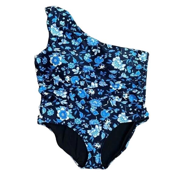 NWT J.Crew Floral Ruched One Shoulder Swimsuit BM459 24 Midnight Blue #2904 - Picture 13 of 14
